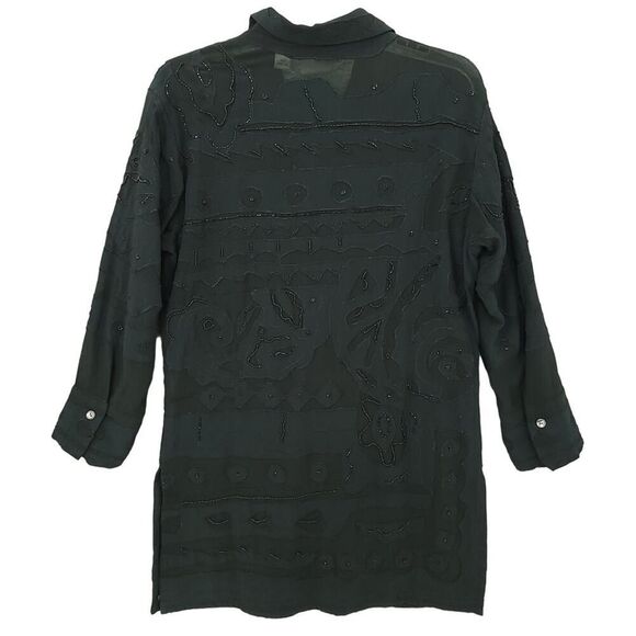 Vintage Black Beaded Rayon Shirt Dress Chico's Size S/M - Picture 2 of 13